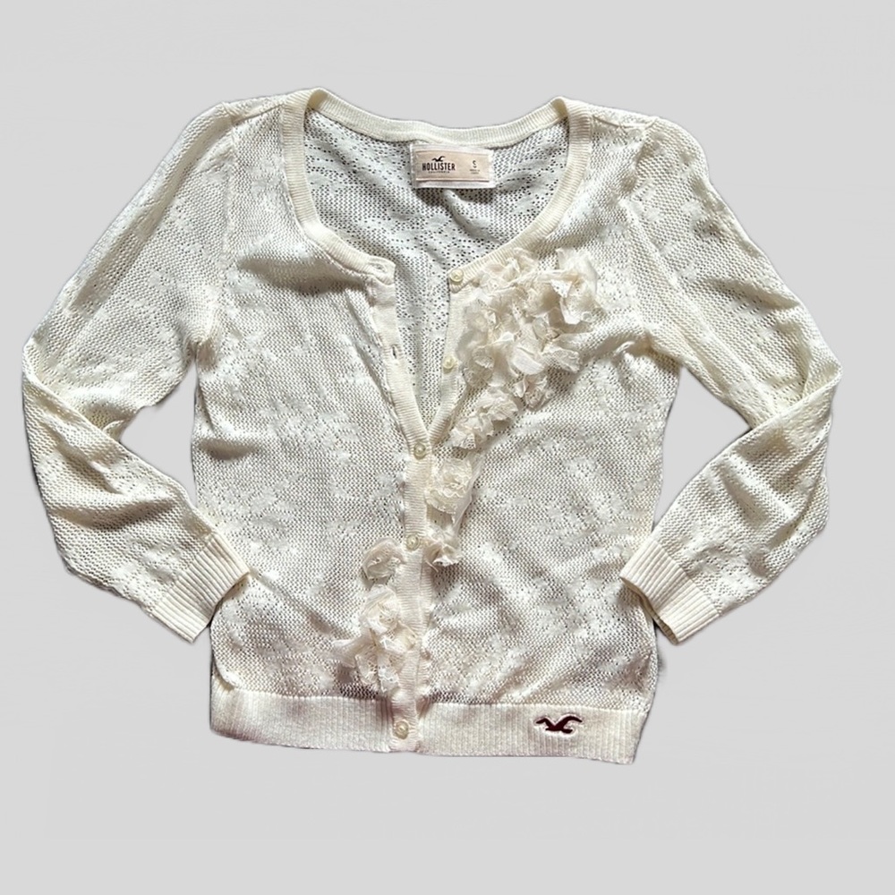 Hollister Ivory Cream Lace Cardigan Sweater with Floral Details Size Small